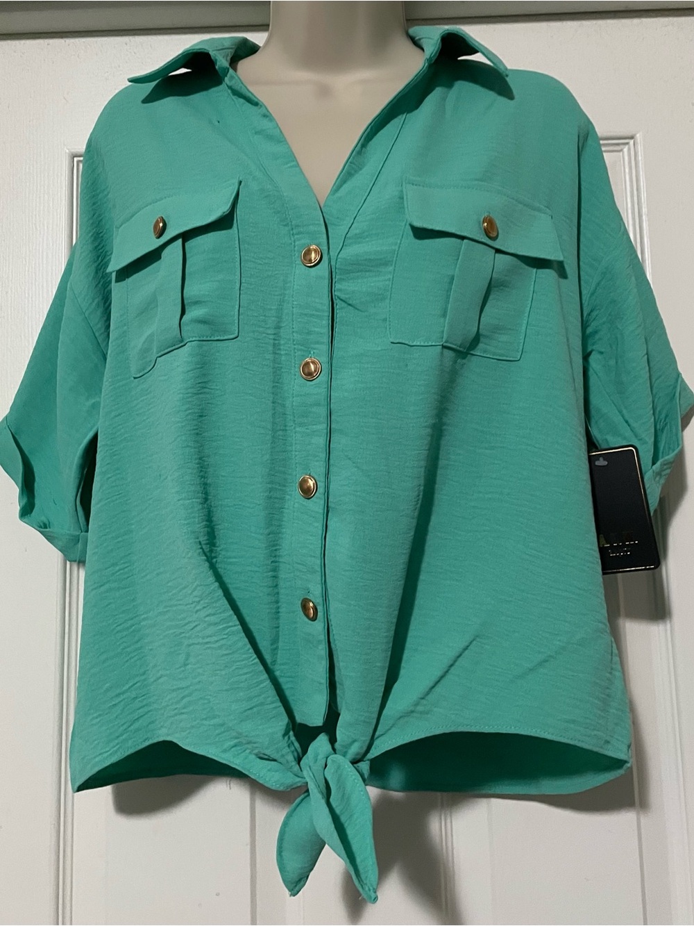 Tie-Hem Short Sleeve Button-Front Shirt - Teal